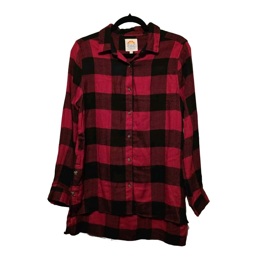 C&C California Button Shirt Women MED Red Black Buffalo Plaid Flannel Hi-low Hem